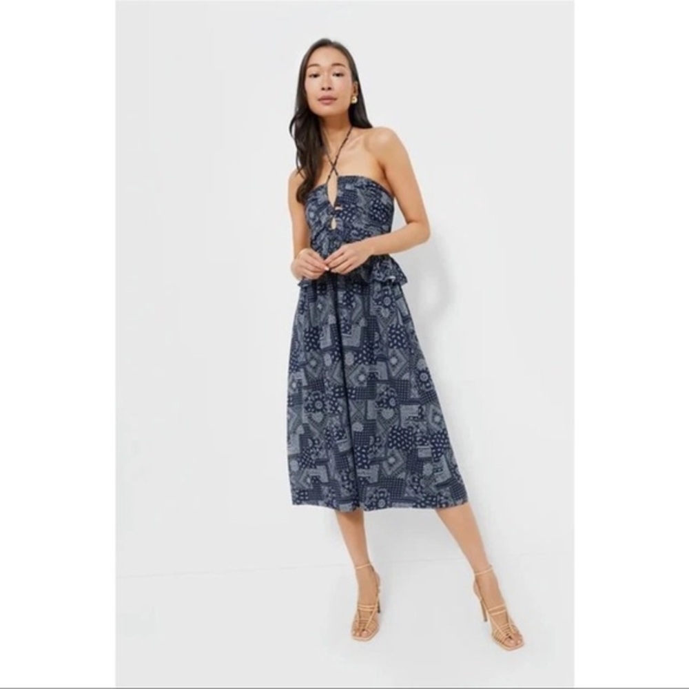 En Saison Navy Blue Patterned Strapless Midi Dress